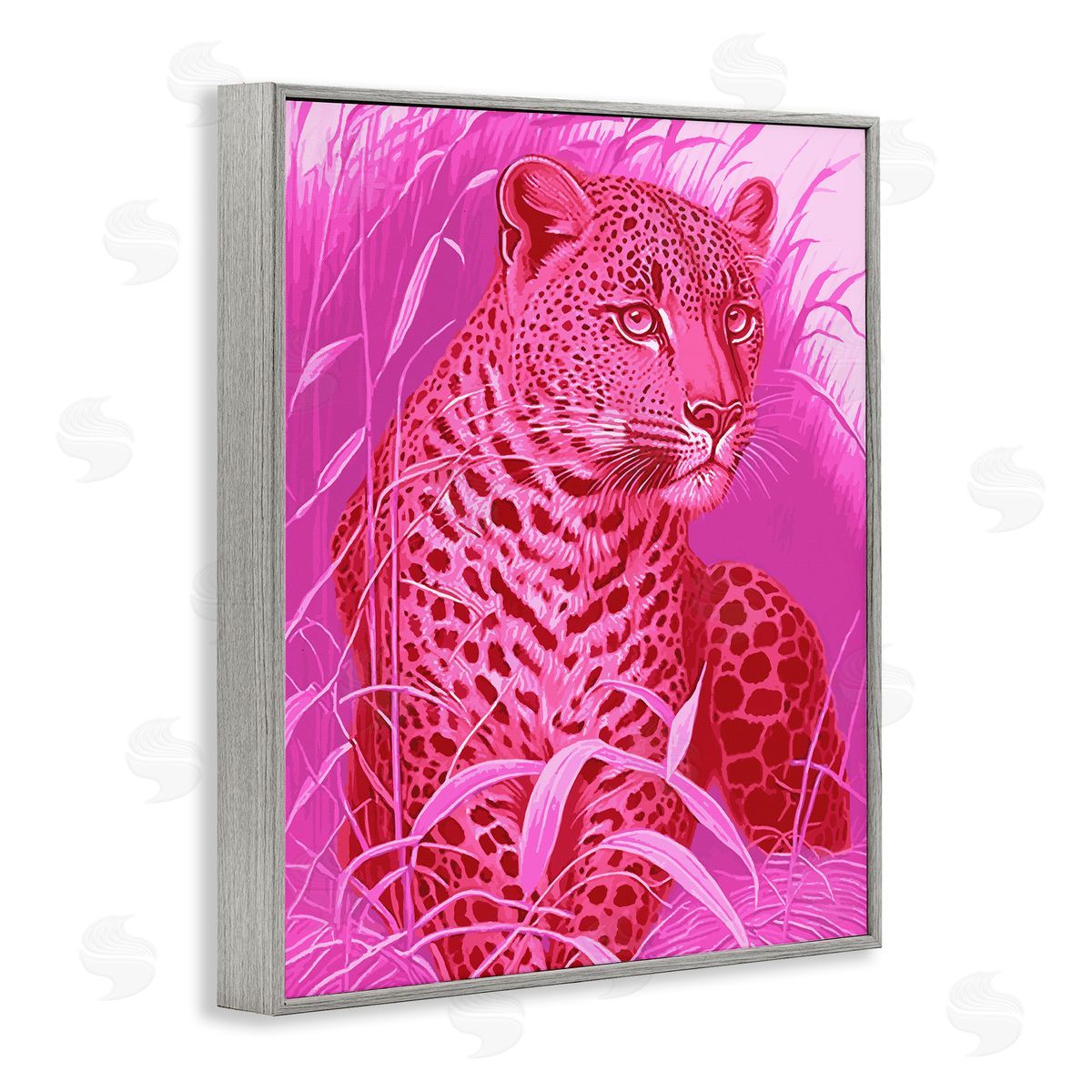 Stupell Studio Cheetah Among Pink Leaves Gray Framed Giclee Wall Art Print