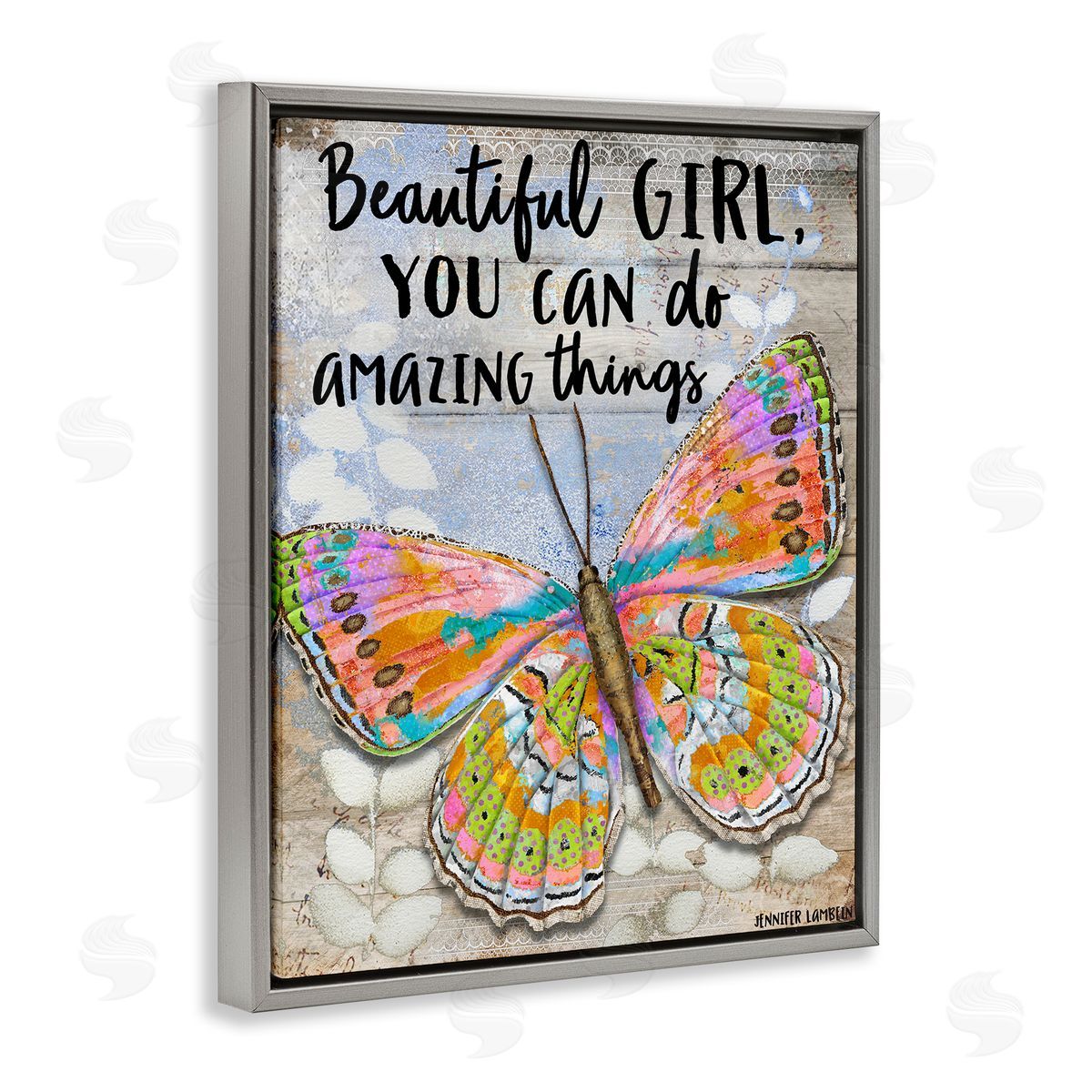 Jennifer Lambein Beautiful Girl & Butterfly Gray Floating Frame Canvas Wall Art Print