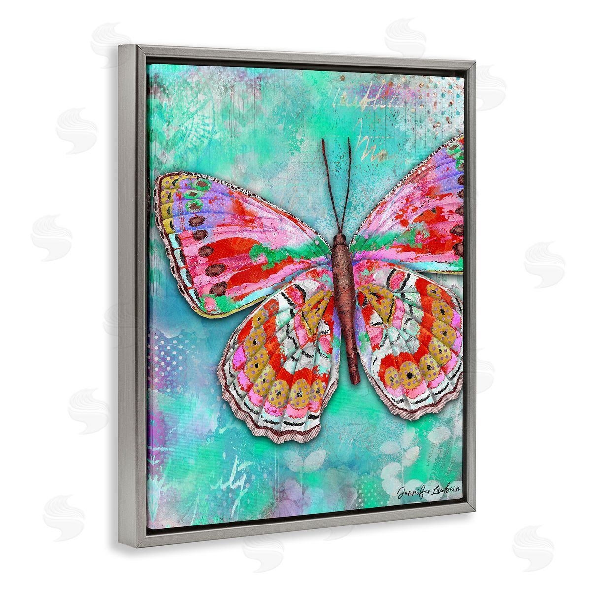 Jennifer Lambein Cherry Mint Butterfly Gray Floating Frame Canvas Wall Art Print