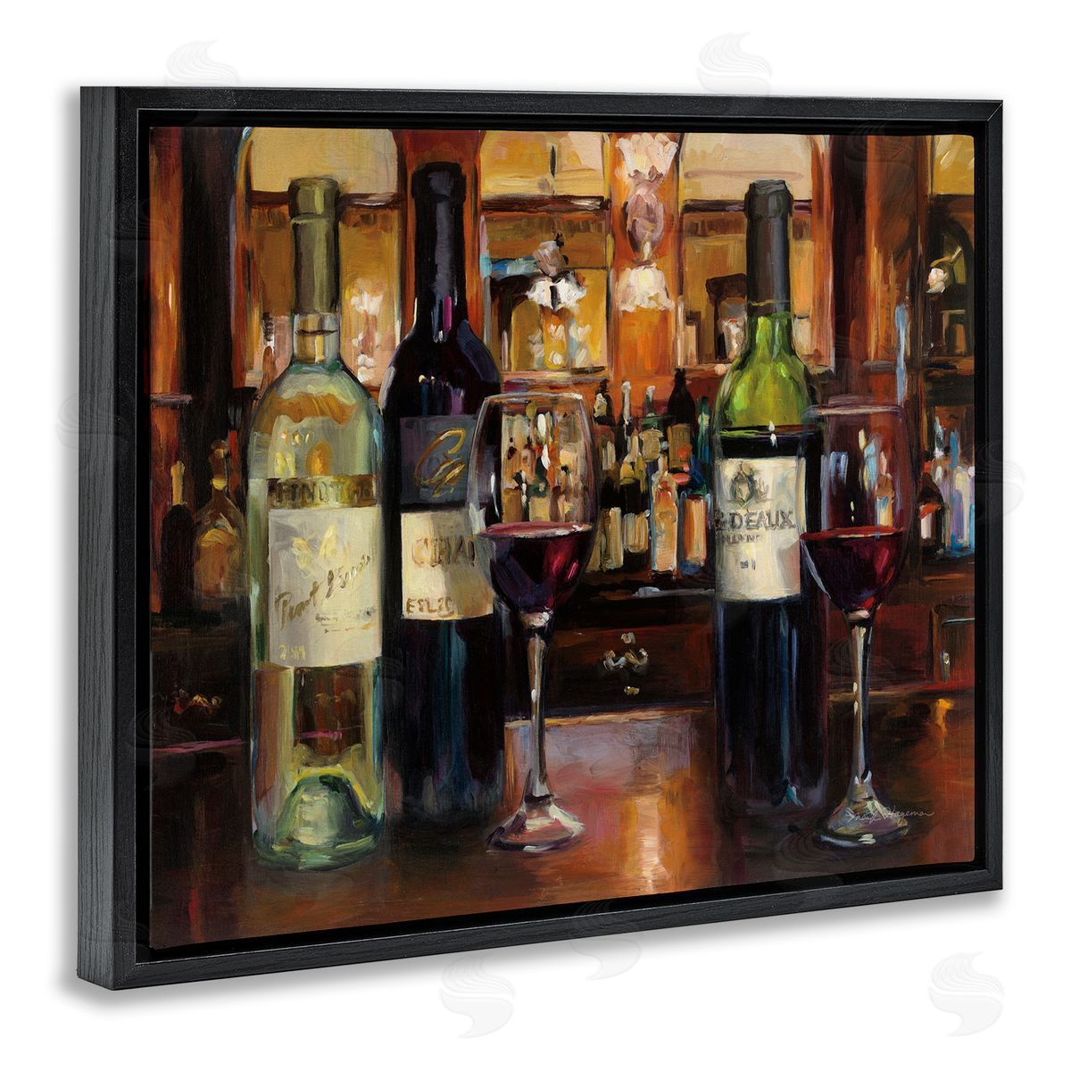 Marilyn Hageman Reflection of Wine Bottles Black Floating Frame Canvas Wall Art Print