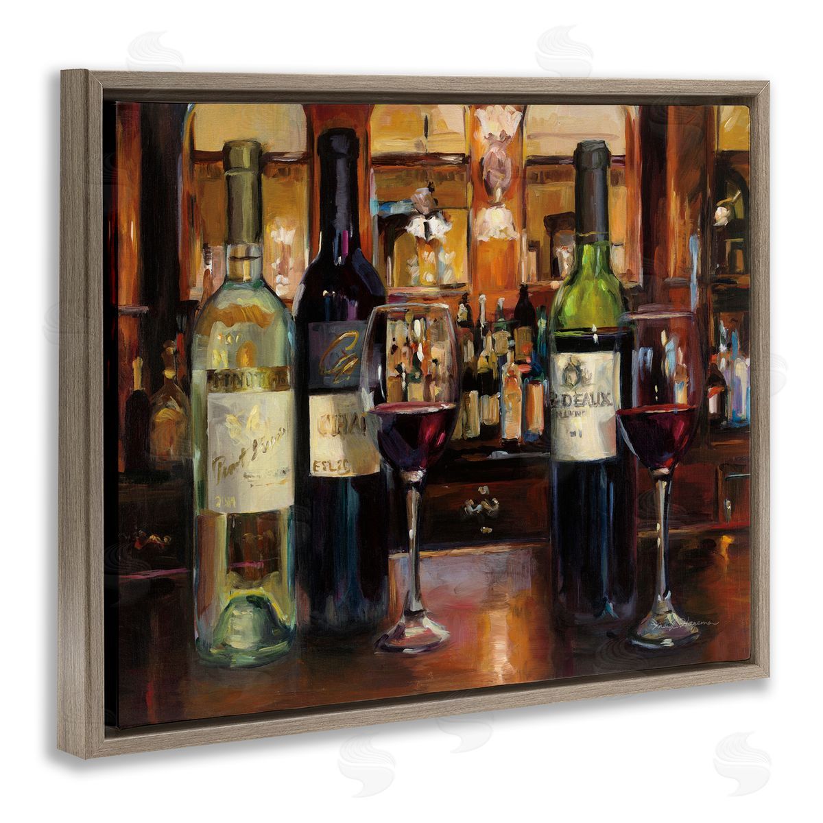Marilyn Hageman Reflection of Wine Bottles Brown Floating Frame Canvas Wall Art Print
