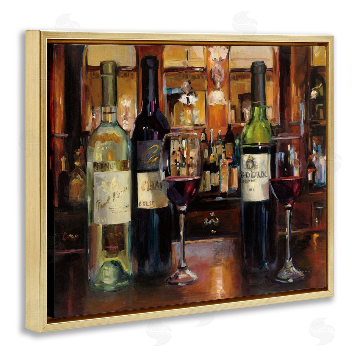 Marilyn Hageman Reflection of Wine Bottles Gold Floating Frame Canvas Wall Art Print