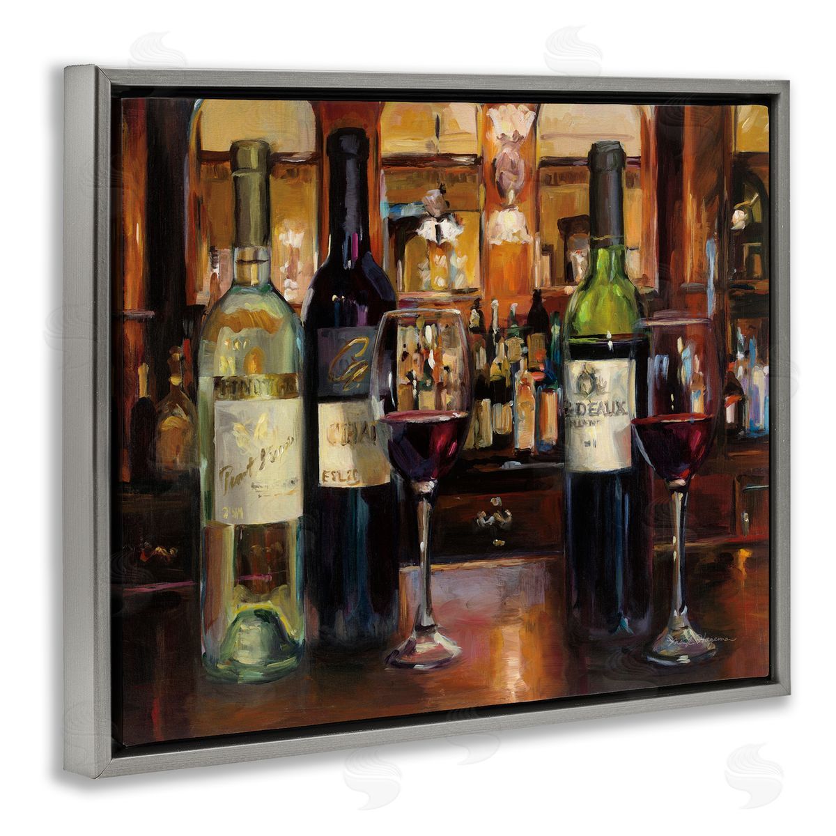 Marilyn Hageman Reflection of Wine Bottles Gray Floating Frame Canvas Wall Art Print