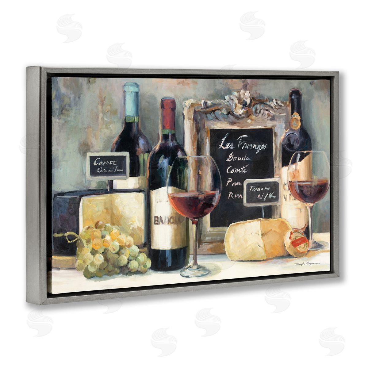 Marilyn Hageman Parisian Wine & Cheese Gray Floating Frame Canvas Wall Art Print
