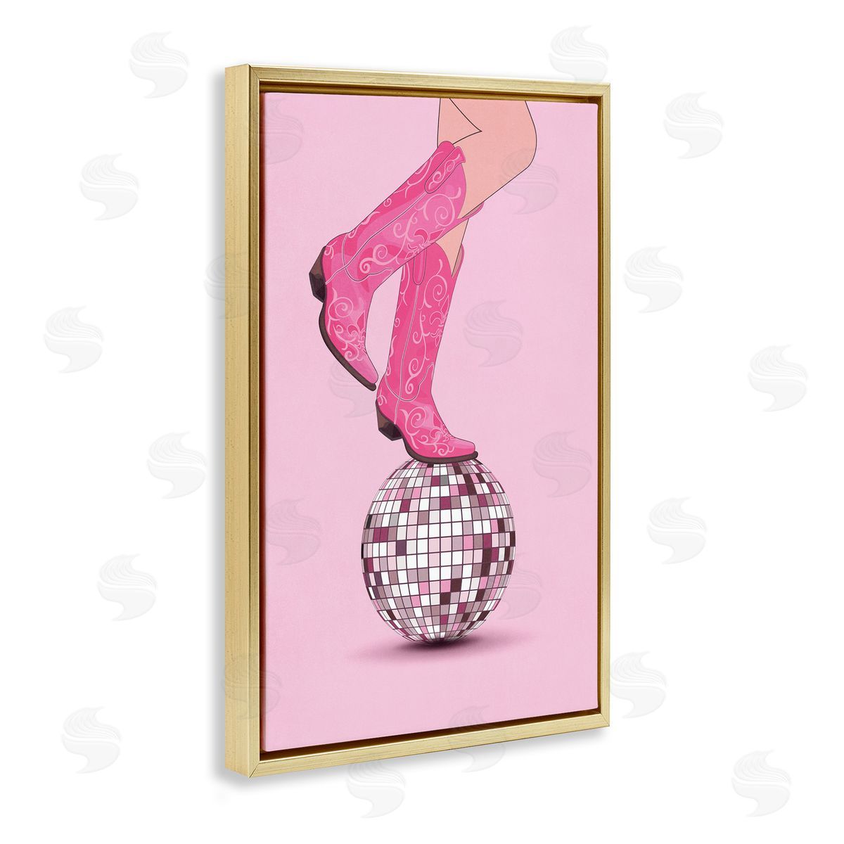 Nataly White Pink Cowgirl on Disco Ball Gold Floating Frame Canvas Wall Art Print
