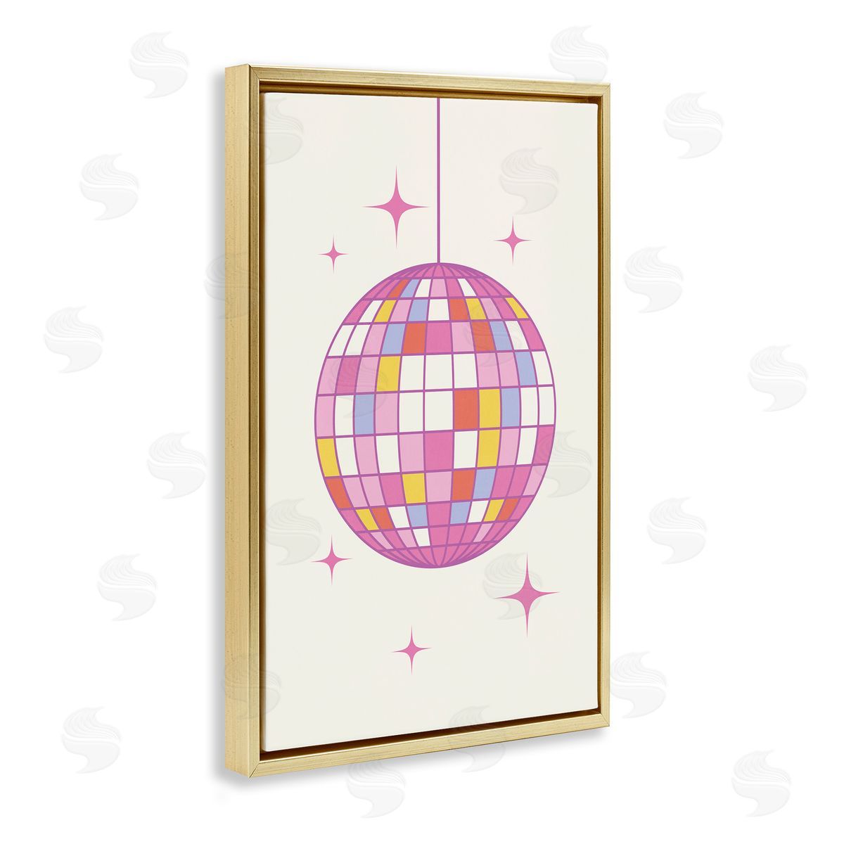 Nataly White Pastel Disco Ball Gold Floating Frame Canvas Wall Art Print