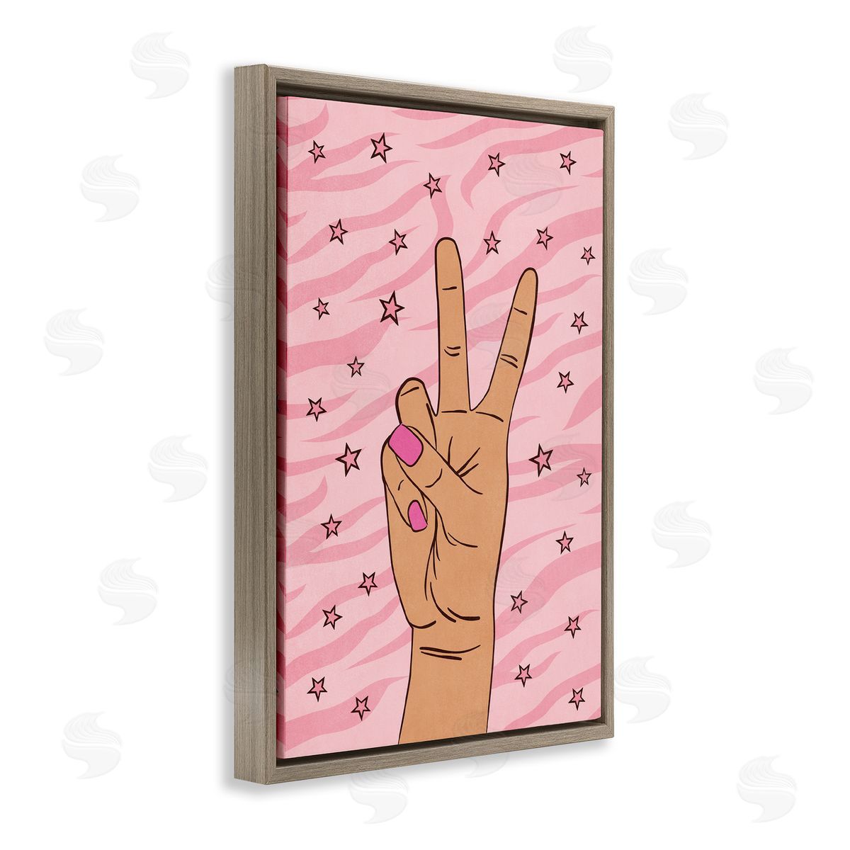 Nataly White Peace Hand & Stars Pattern Brown Floating Frame Canvas Wall Art Print