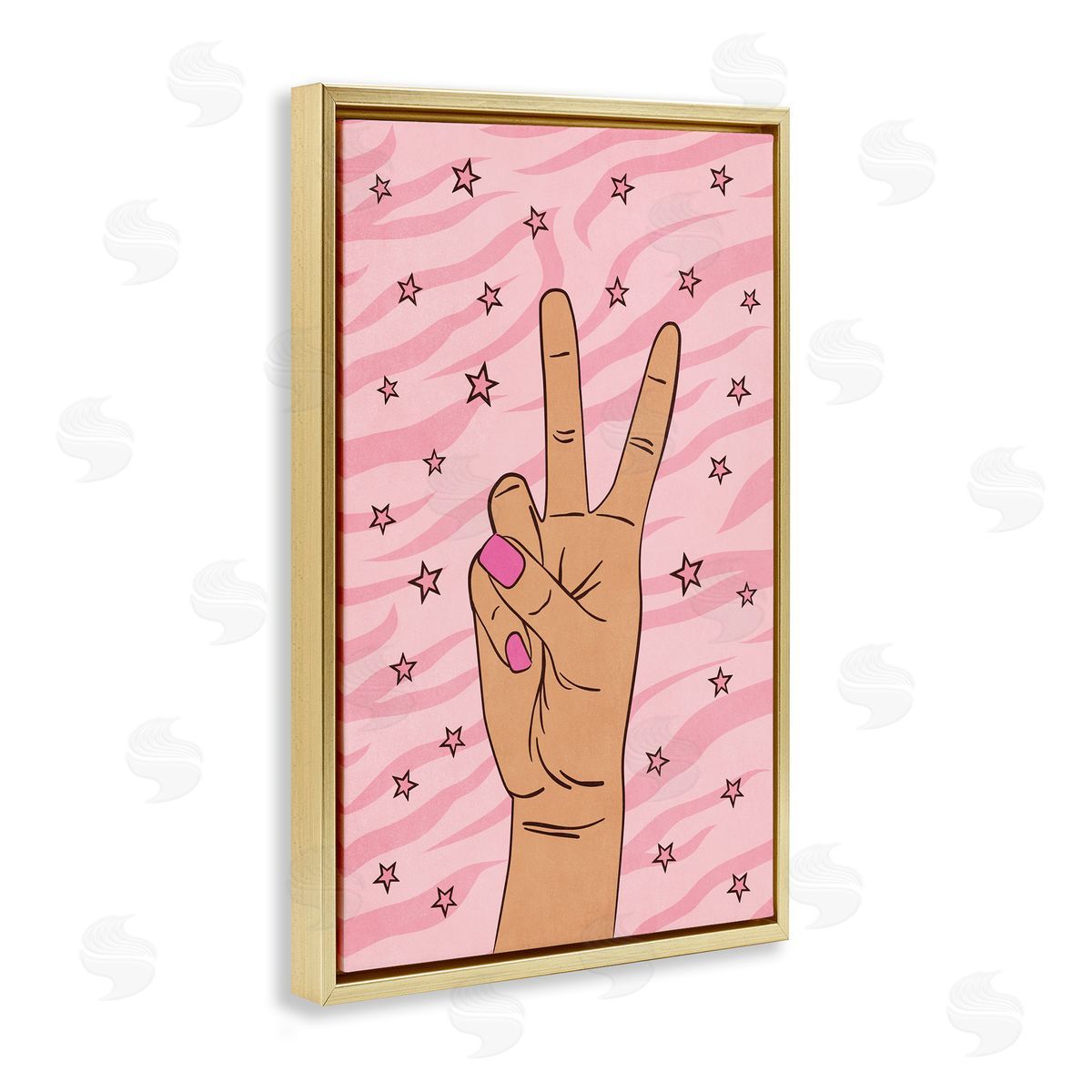 Nataly White Peace Hand & Stars Pattern Gold Floating Frame Canvas Wall Art Print