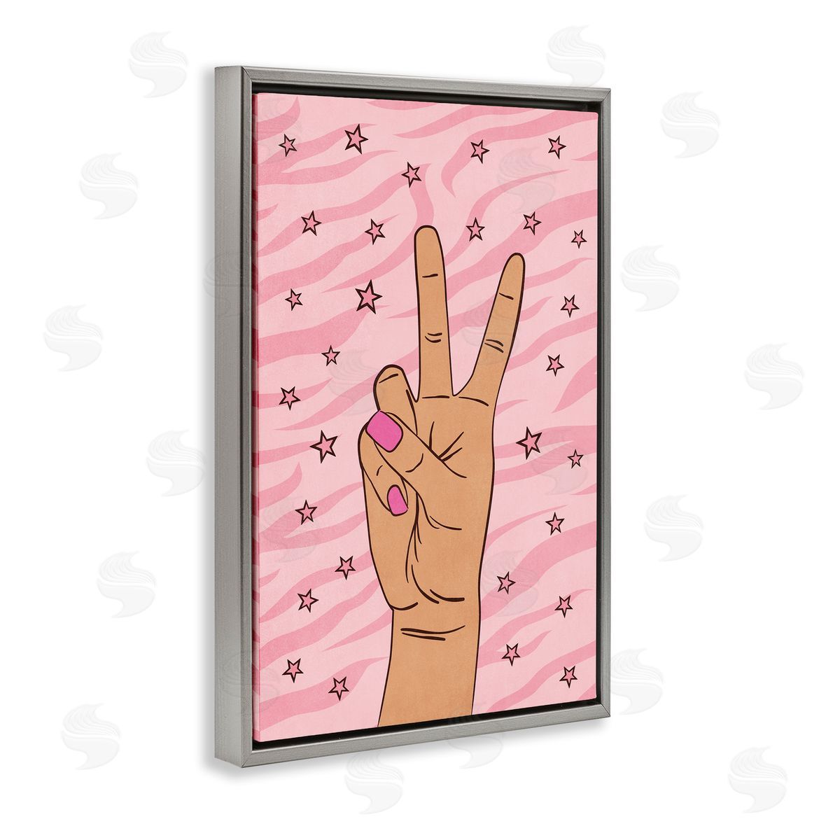 Nataly White Peace Hand & Stars Pattern Gray Floating Frame Canvas Wall Art Print