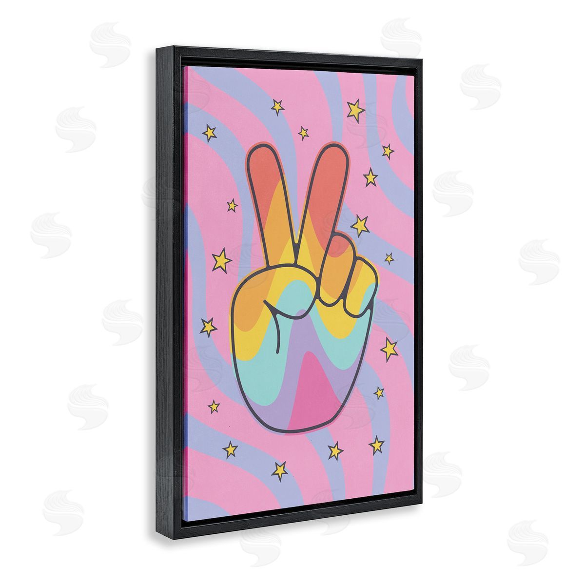 Nataly White Groovy Peace with Patterns Black Floating Frame Canvas Wall Art Print