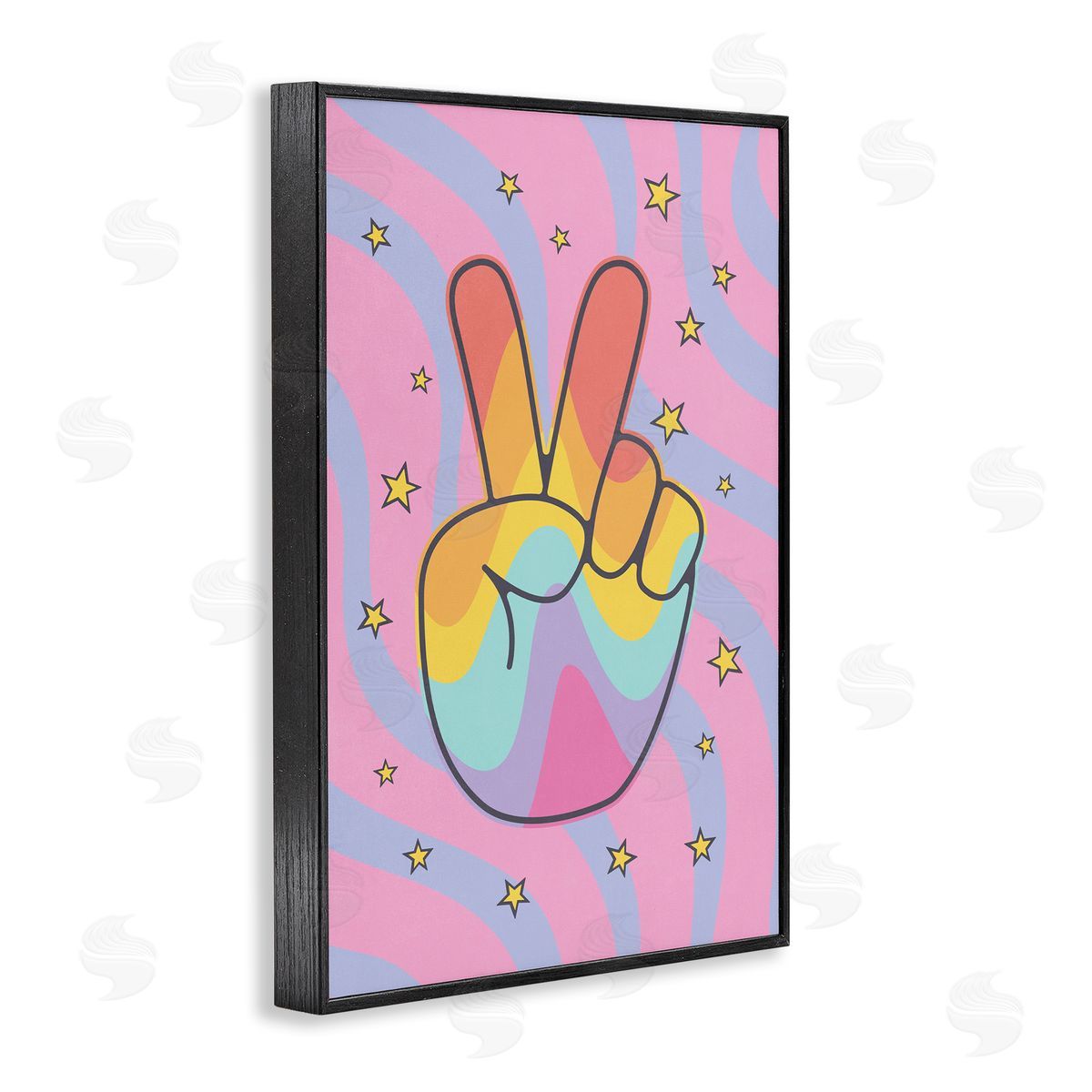 Nataly White Groovy Peace with Patterns Black Framed Giclee Wall Art Print