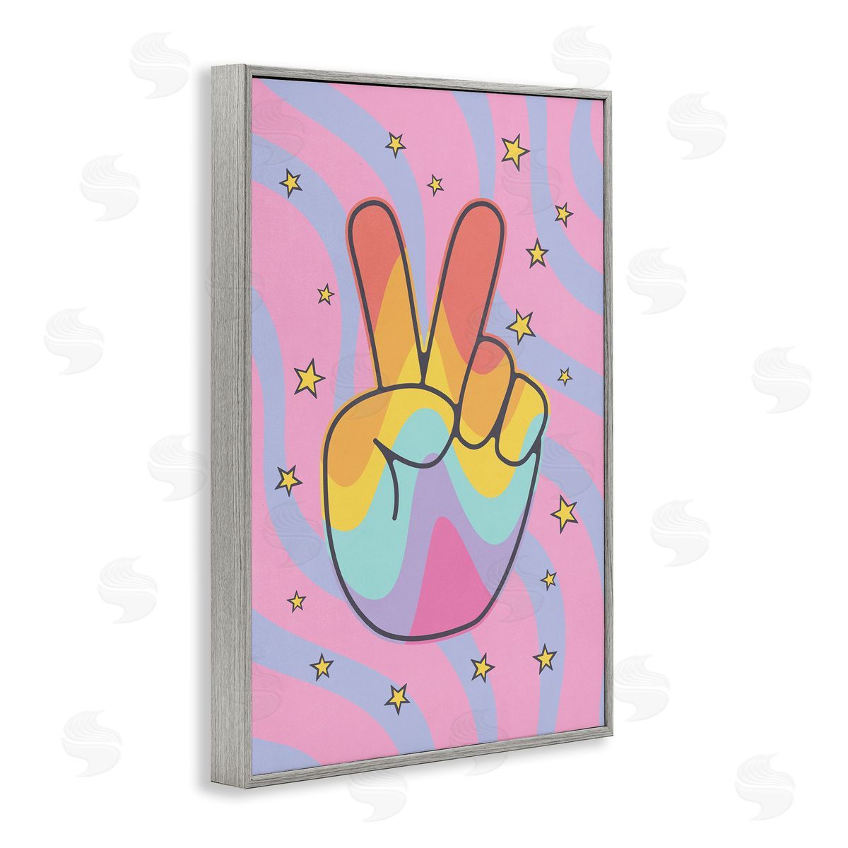 Nataly White Groovy Peace with Patterns Gray Framed Giclee Wall Art Print