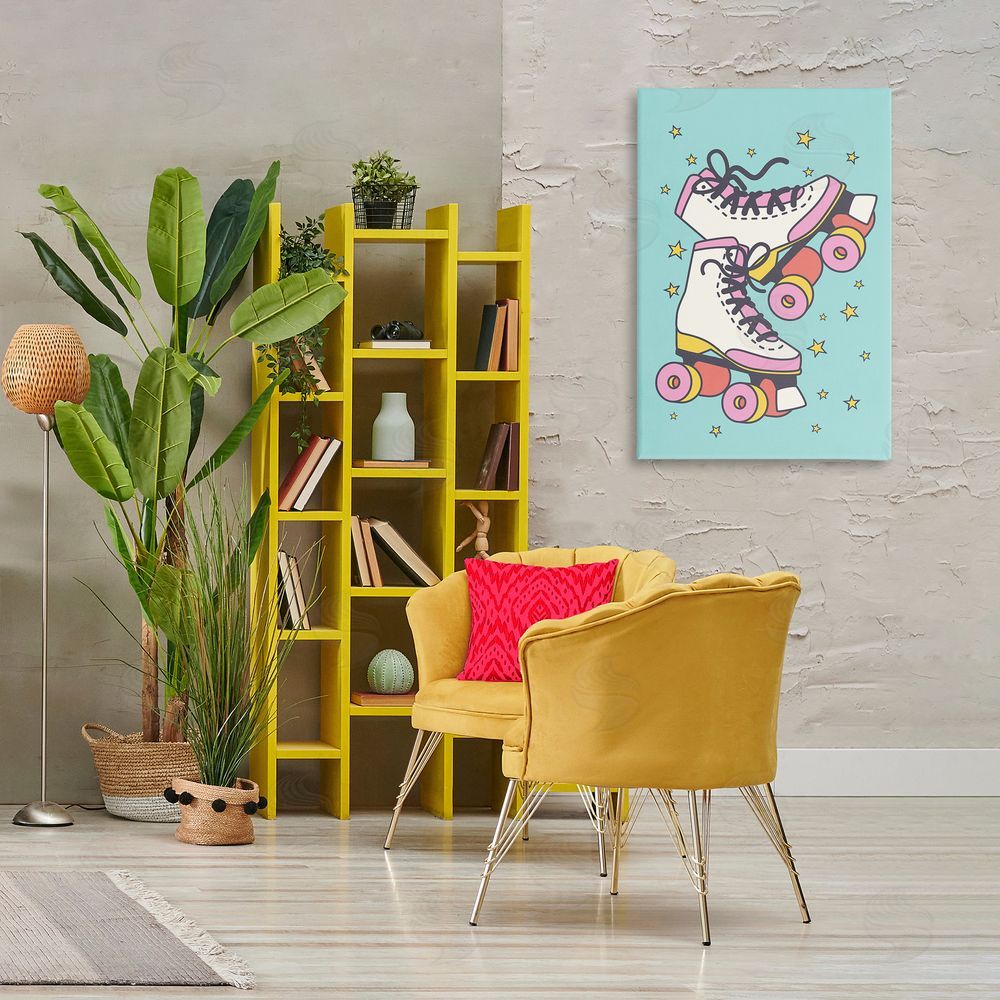 Nataly White Vintage Roller Skates Canvas Wall Art Print in Room