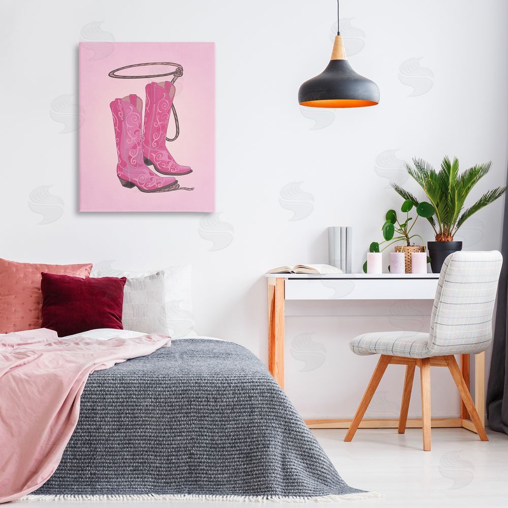Nataly White Cowgirl Boots & Lasso Canvas Wall Art Print in Room