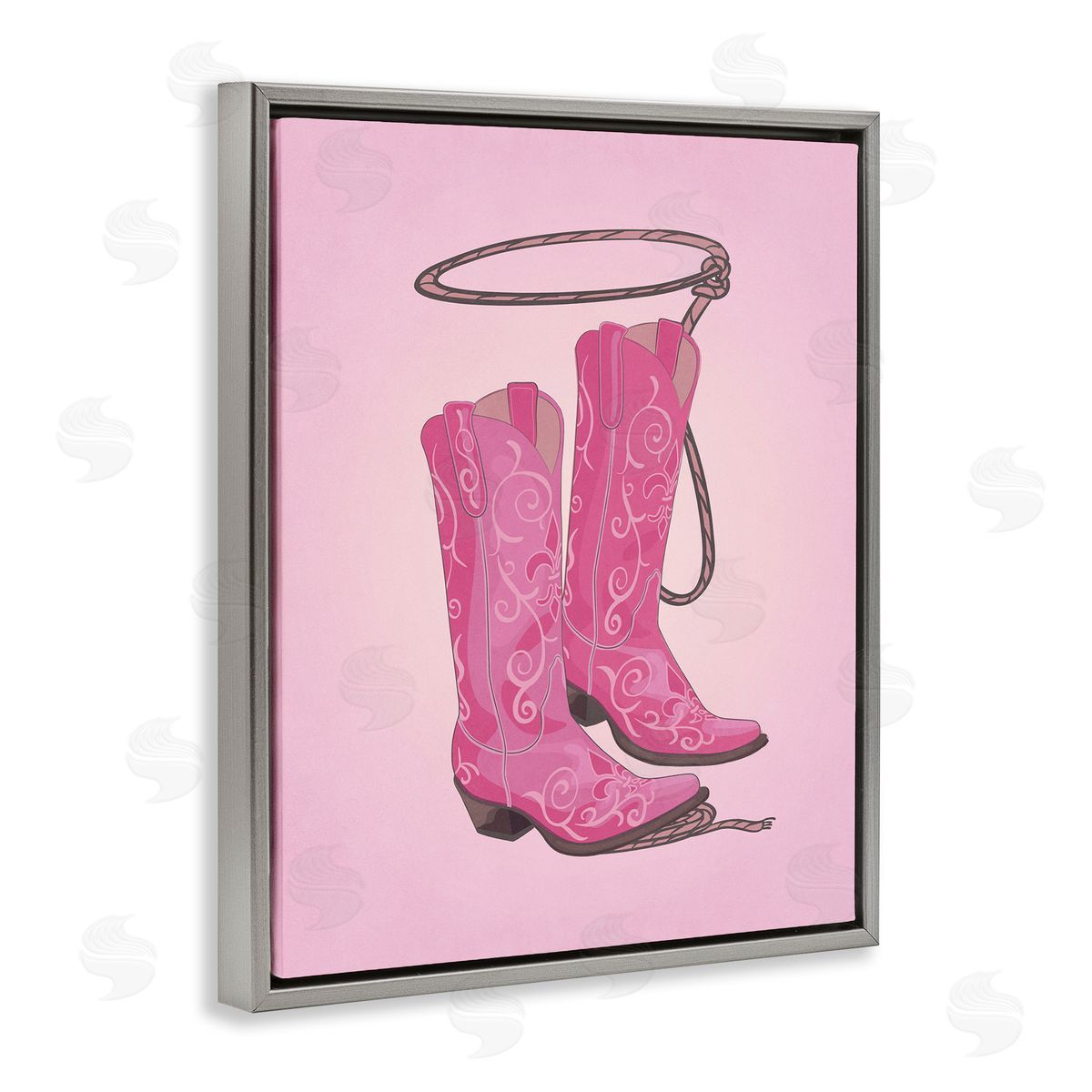 Nataly White Cowgirl Boots & Lasso Gray Floating Frame Canvas Wall Art Print