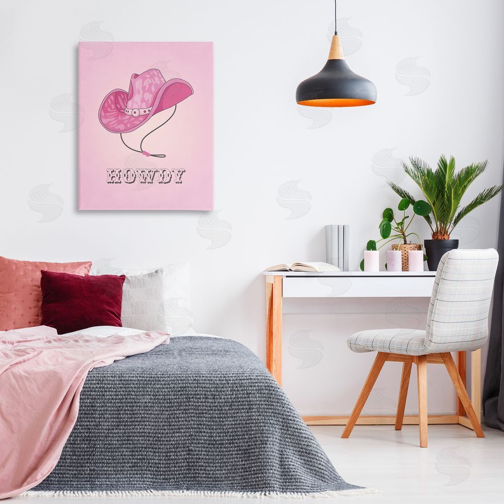 Nataly White Howdy Pink Cowgirl Hat Canvas Wall Art Print in Room