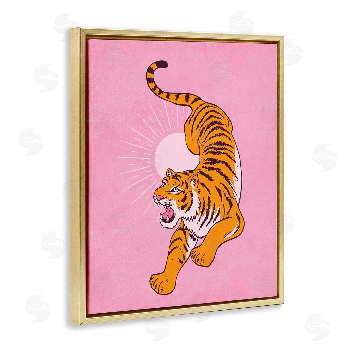 Nataly White Preppy Roaring Tiger Gold Floating Frame Canvas Wall Art Print