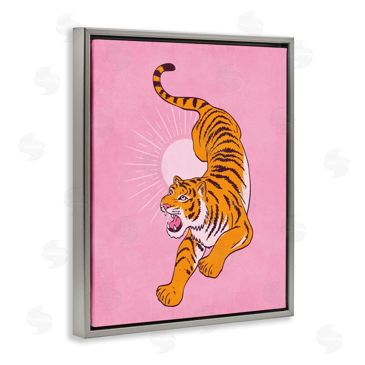 Nataly White Preppy Roaring Tiger Gray Floating Frame Canvas Wall Art Print