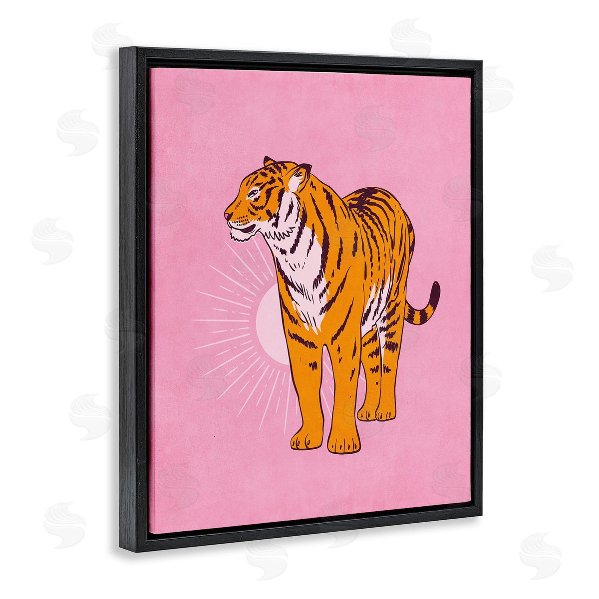 Nataly White Preppy Tiger Standing Black Floating Frame Canvas Wall Art Print