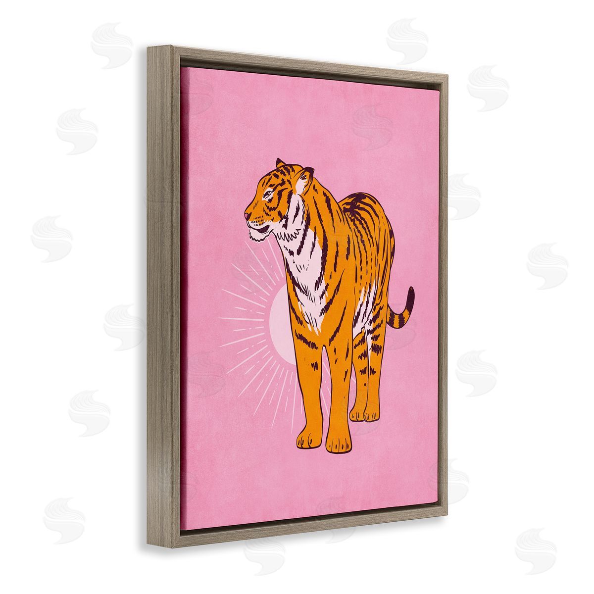 Nataly White Preppy Tiger Standing Brown Floating Frame Canvas Wall Art Print