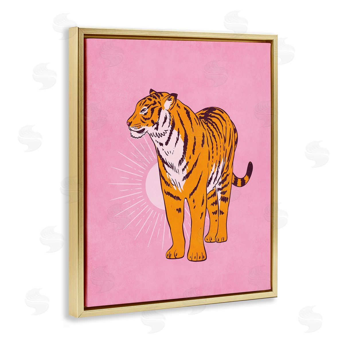 Nataly White Preppy Tiger Standing Gold Floating Frame Canvas Wall Art Print