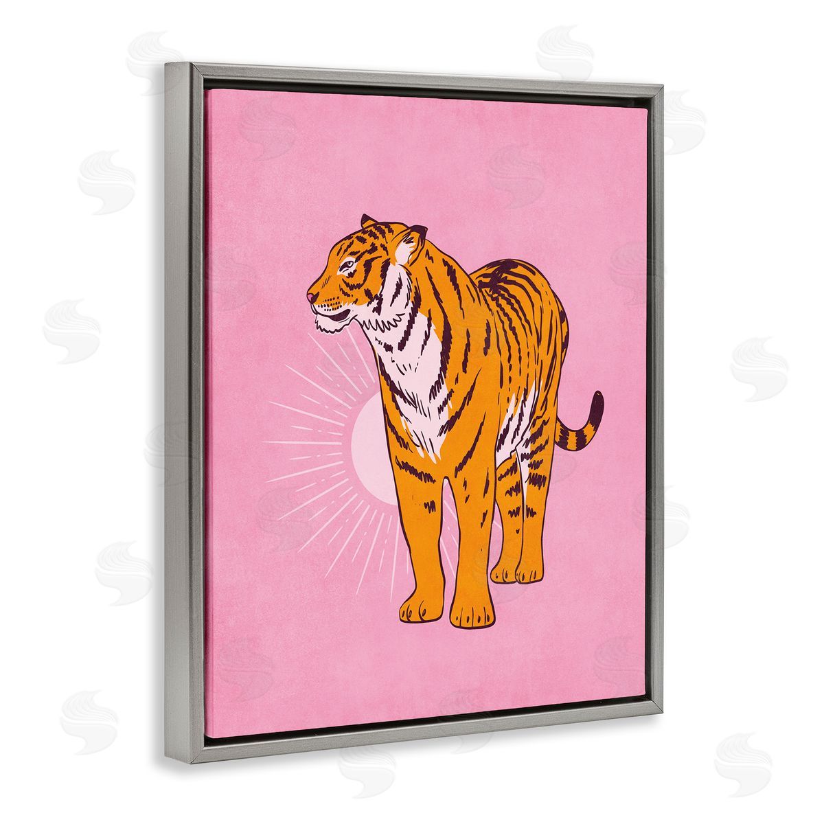 Nataly White Preppy Tiger Standing Gray Floating Frame Canvas Wall Art Print