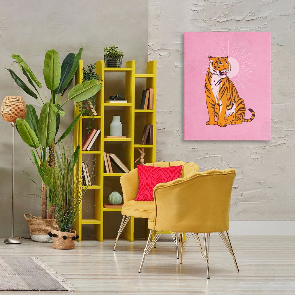 Nataly White Preppy Tiger on Pink Canvas Wall Art Print in Room