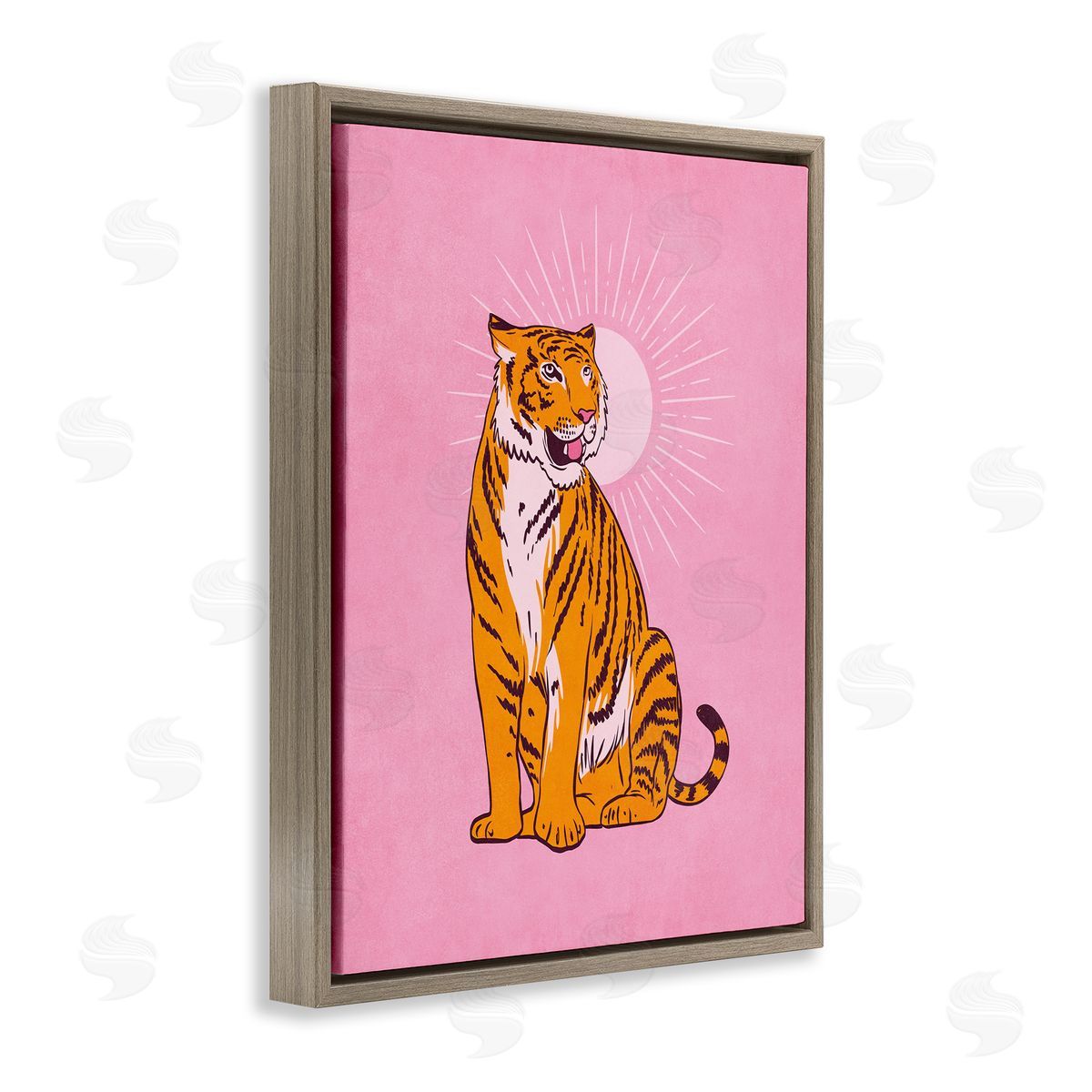 Nataly White Preppy Tiger on Pink Brown Floating Frame Canvas Wall Art Print