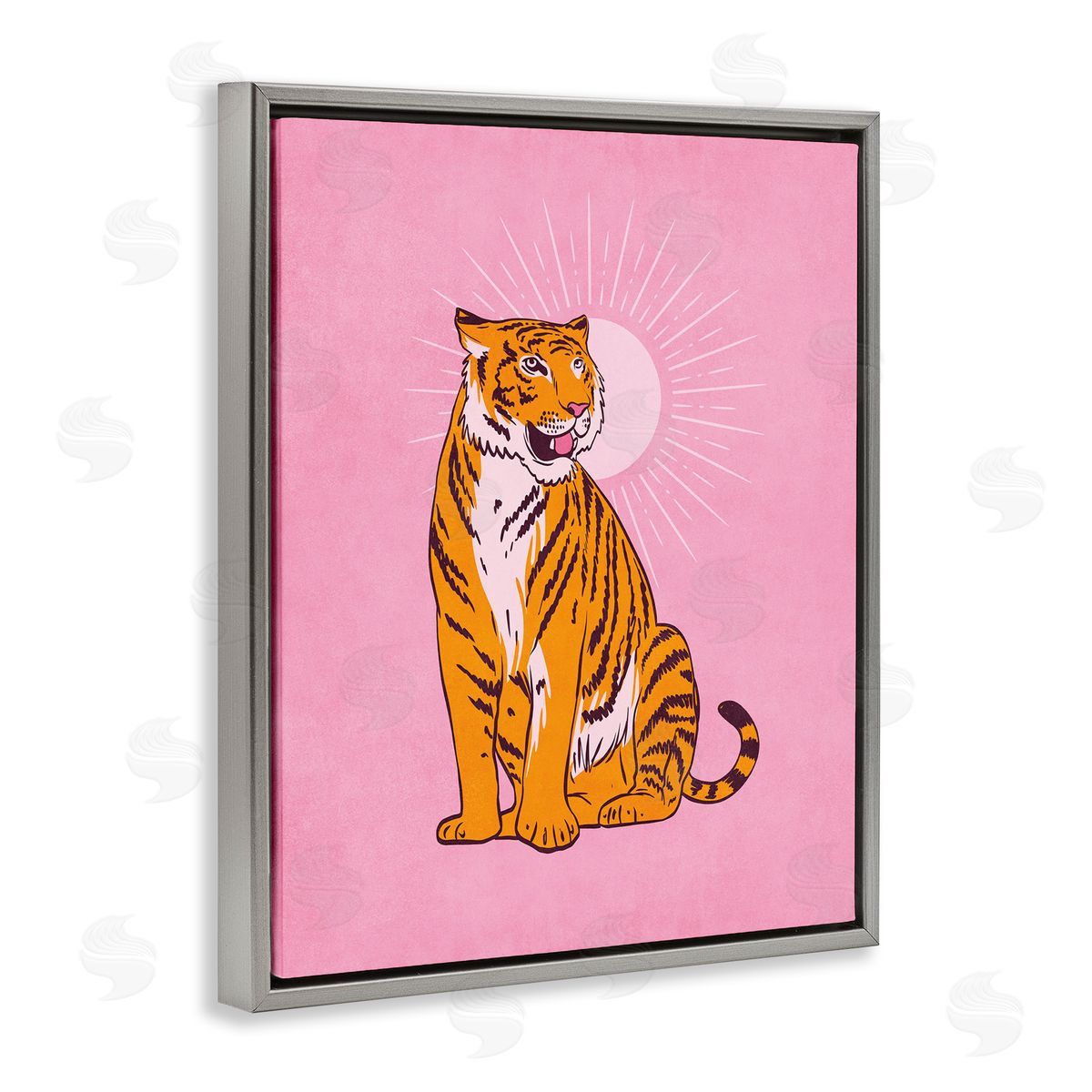 Nataly White Preppy Tiger on Pink Gray Floating Frame Canvas Wall Art Print