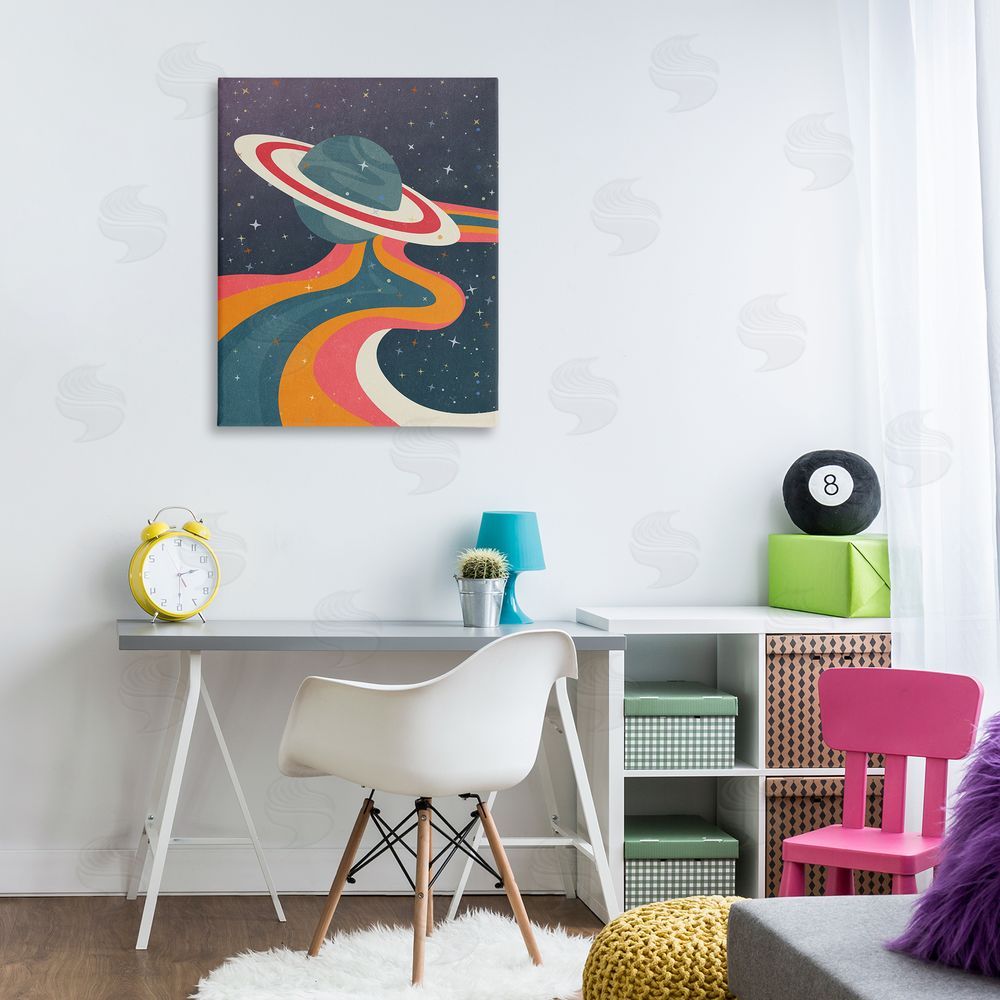Nataly White Retro Space Planet Canvas Wall Art Print in Room
