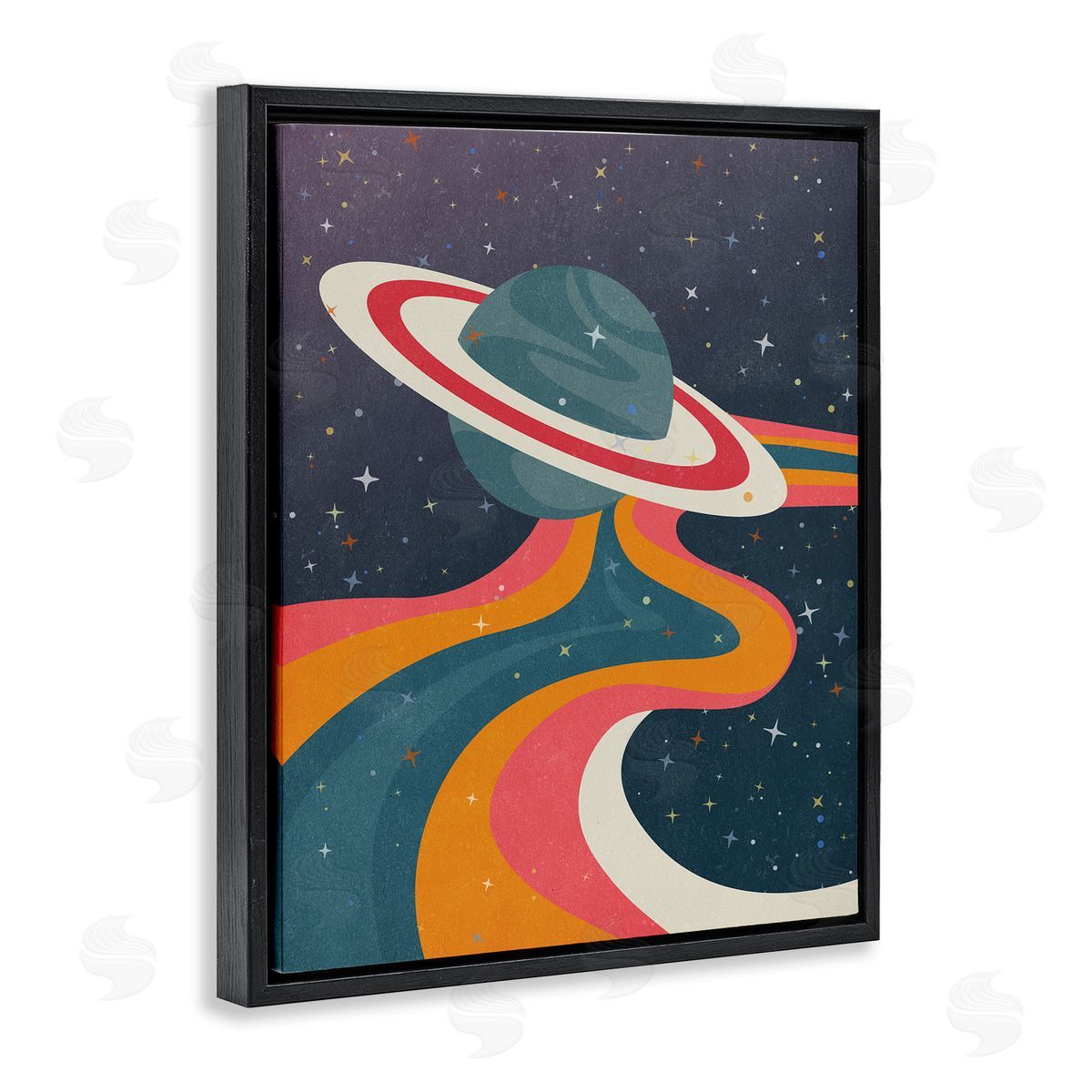 Nataly White Retro Space Planet Black Floating Frame Canvas Wall Art Print
