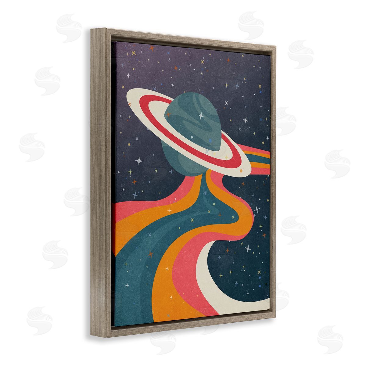Nataly White Retro Space Planet Brown Floating Frame Canvas Wall Art Print