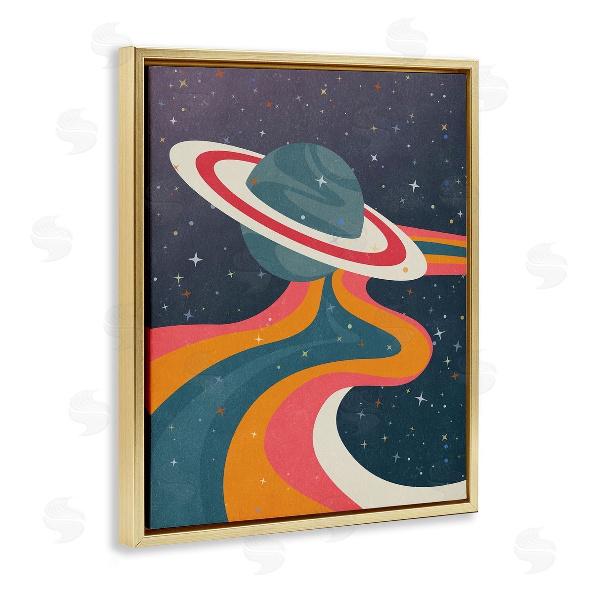 Nataly White Retro Space Planet Gold Floating Frame Canvas Wall Art Print