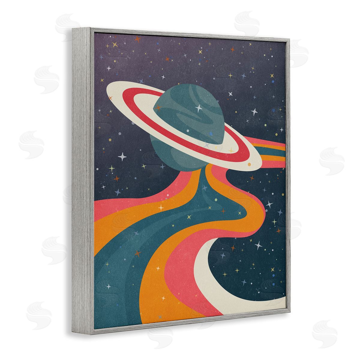 Nataly White Retro Space Planet Gray Framed Giclee Wall Art Print