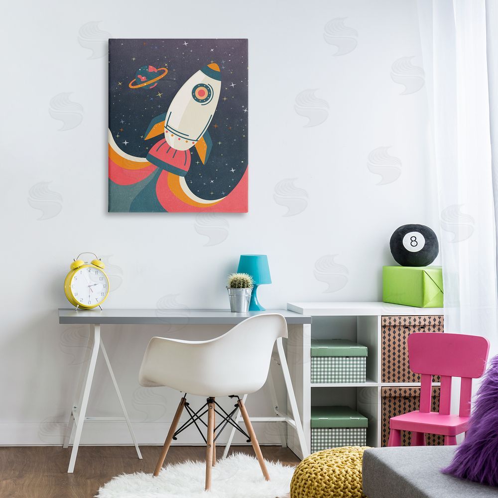 Nataly White Retro Space Rocket Canvas Wall Art Print in Room