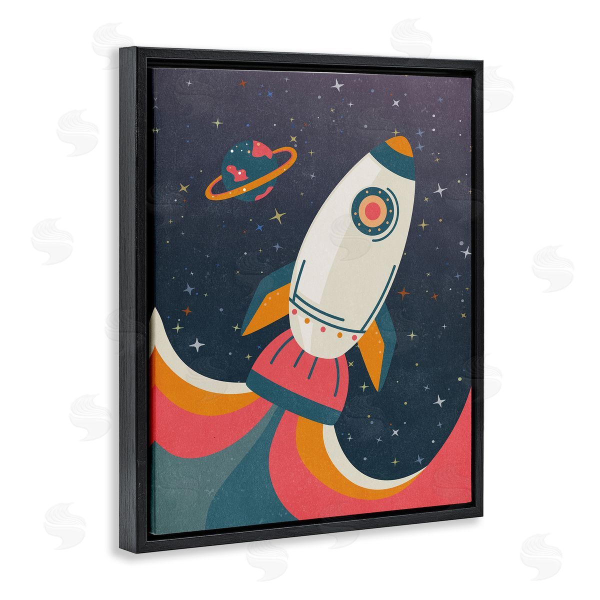 Nataly White Retro Space Rocket Black Floating Frame Canvas Wall Art Print