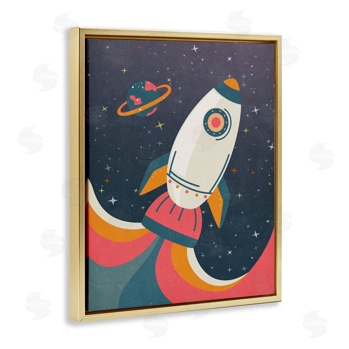 Nataly White Retro Space Rocket Gold Floating Frame Canvas Wall Art Print