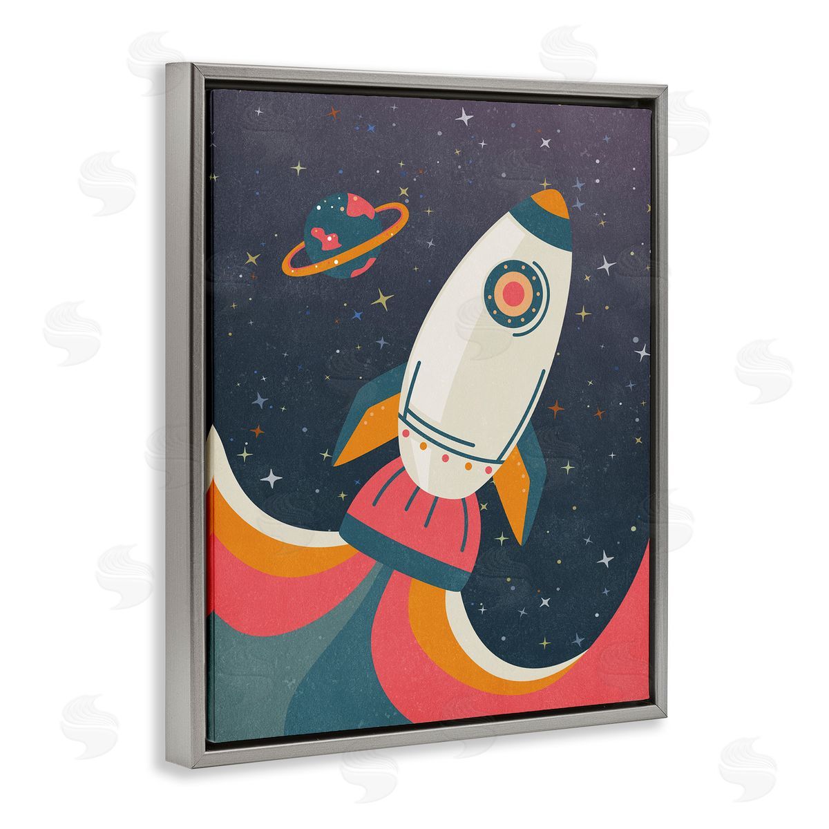 Nataly White Retro Space Rocket Gray Floating Frame Canvas Wall Art Print