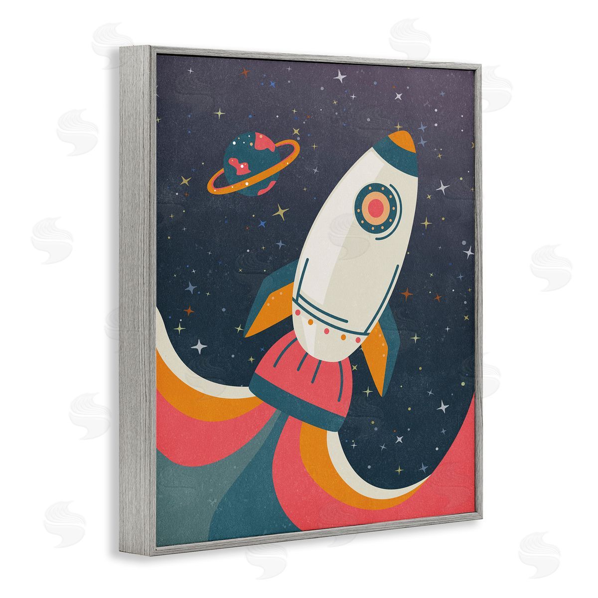 Nataly White Retro Space Rocket Gray Framed Giclee Wall Art Print