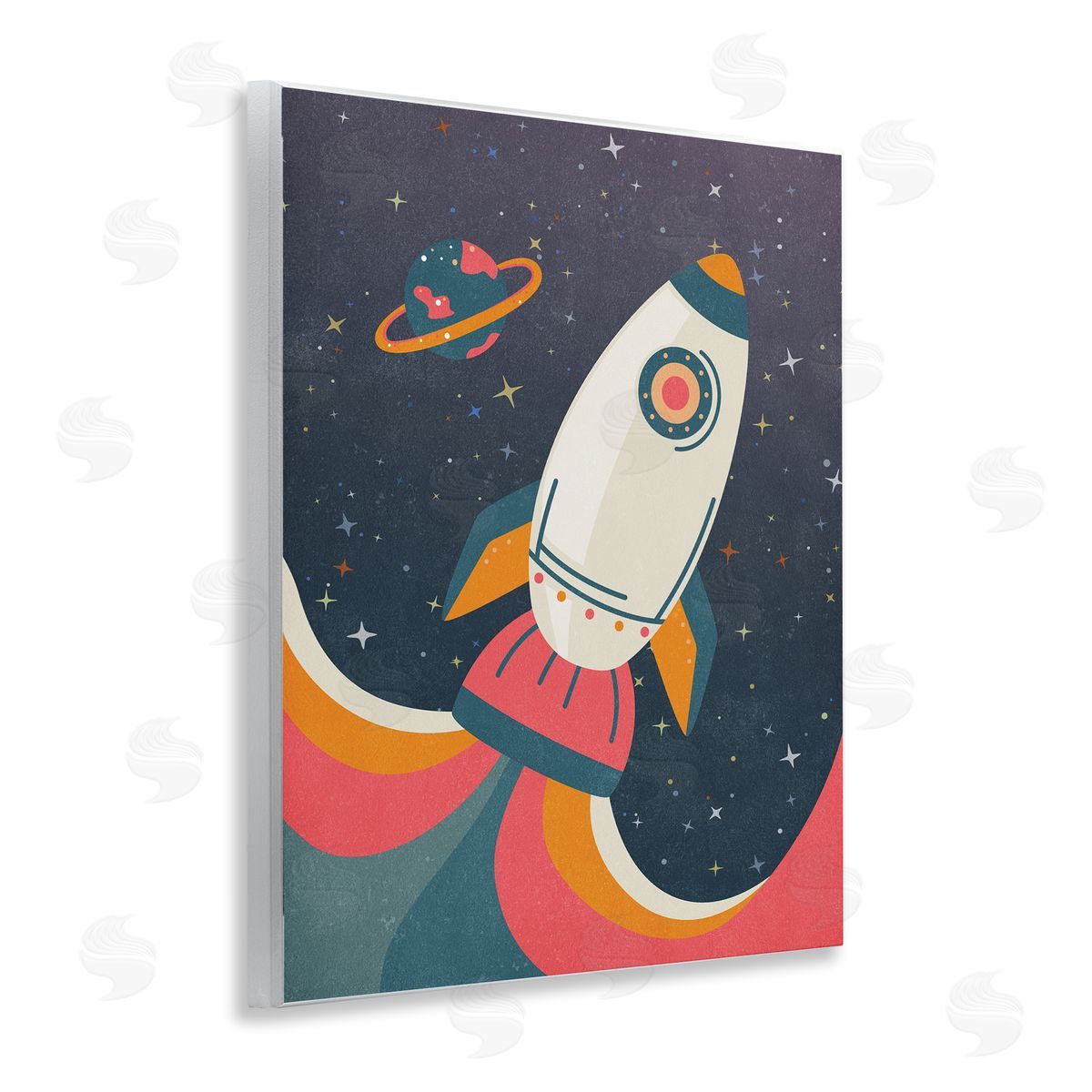 Nataly White Retro Space Rocket Wooden Wall Plaque Art Print