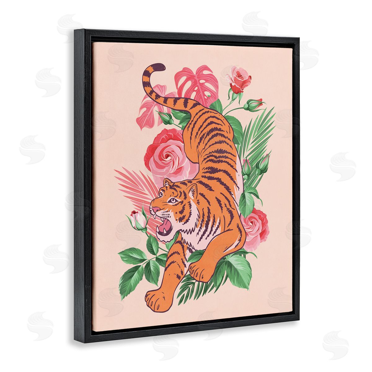 Nataly White Tiger & Tropical Roses Black Floating Frame Canvas Wall Art Print