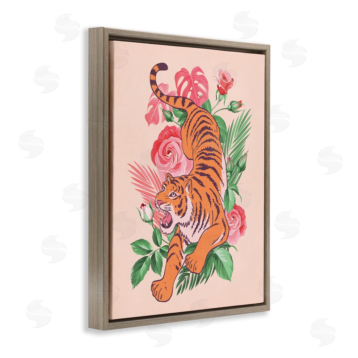 Nataly White Tiger & Tropical Roses Brown Floating Frame Canvas Wall Art Print