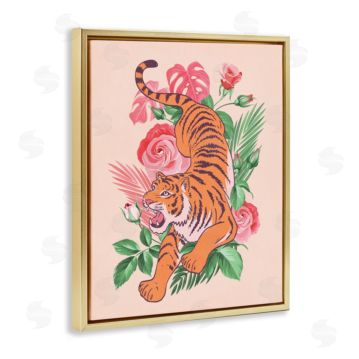 Nataly White Tiger & Tropical Roses Gold Floating Frame Canvas Wall Art Print