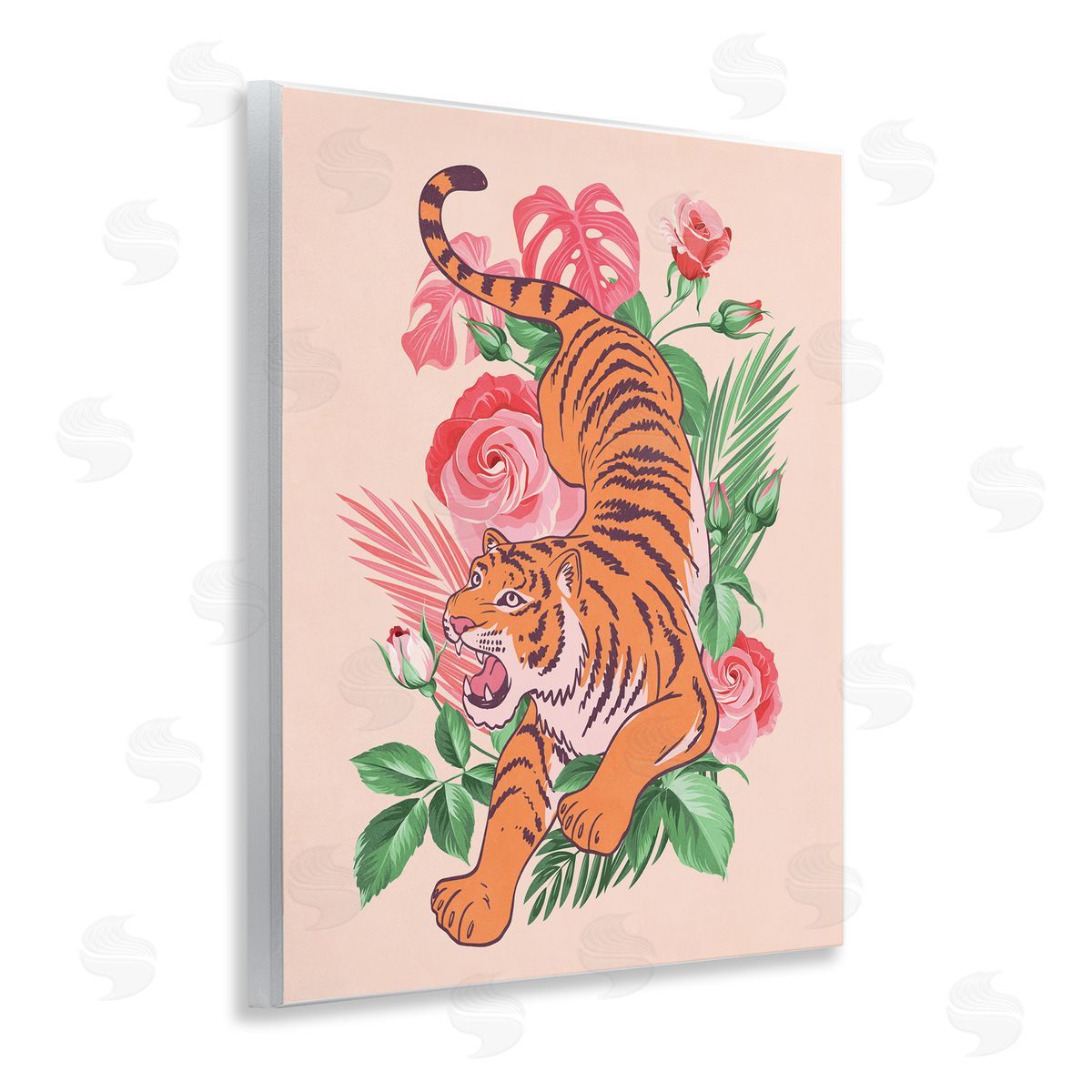 Nataly White Tiger & Tropical Roses Wooden Wall Plaque Art Print