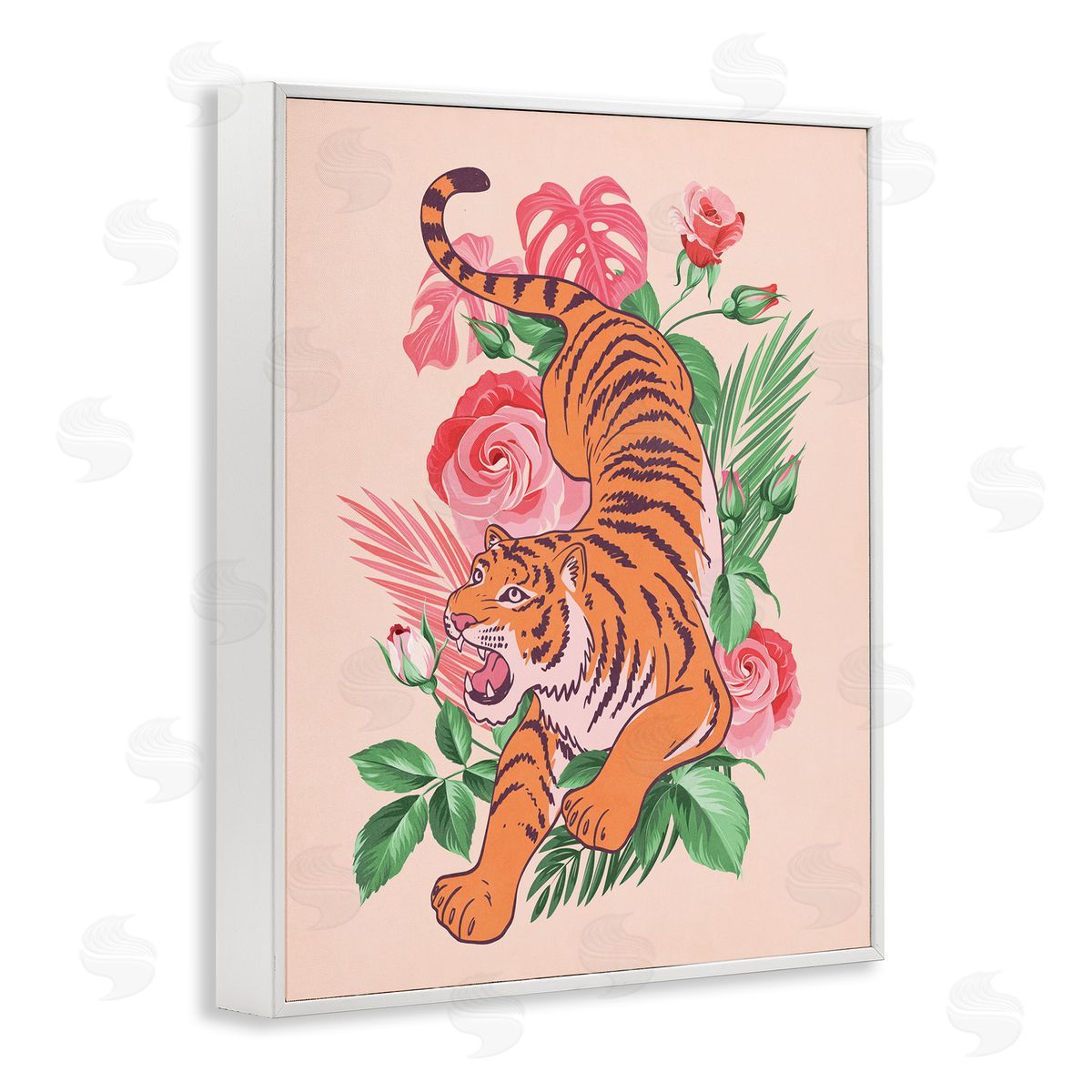Nataly White Tiger & Tropical Roses White Framed Giclee Wall Art Print