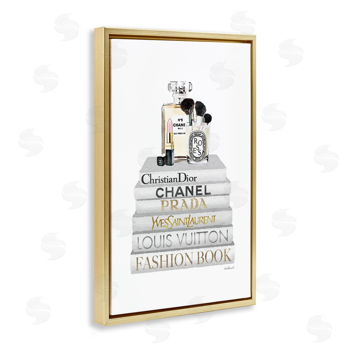 Amanda Greenwood Neat Bookstack with Makeup Gold Floating Frame Canvas Wall Art Print