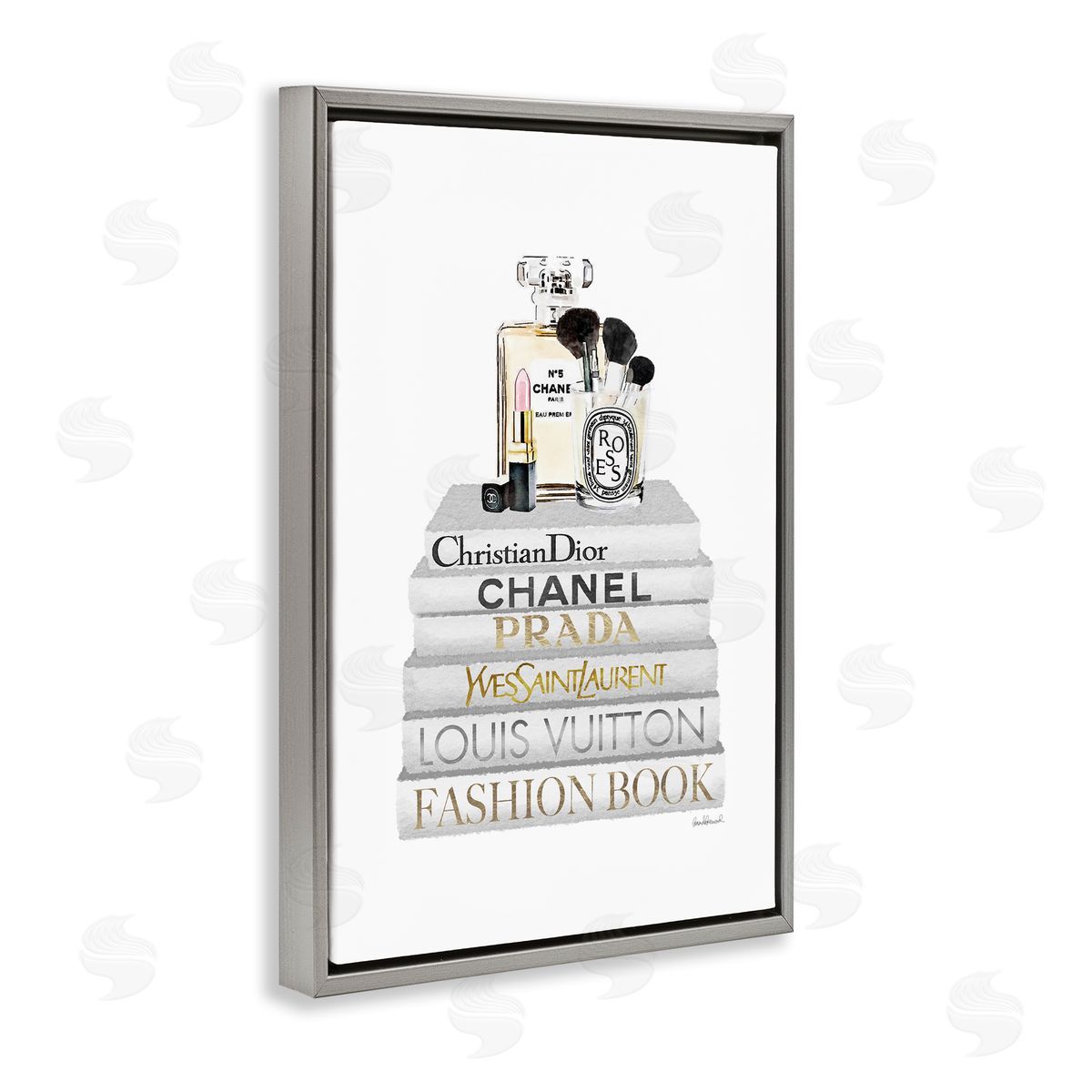 Amanda Greenwood Neat Bookstack with Makeup Gray Floating Frame Canvas Wall Art Print