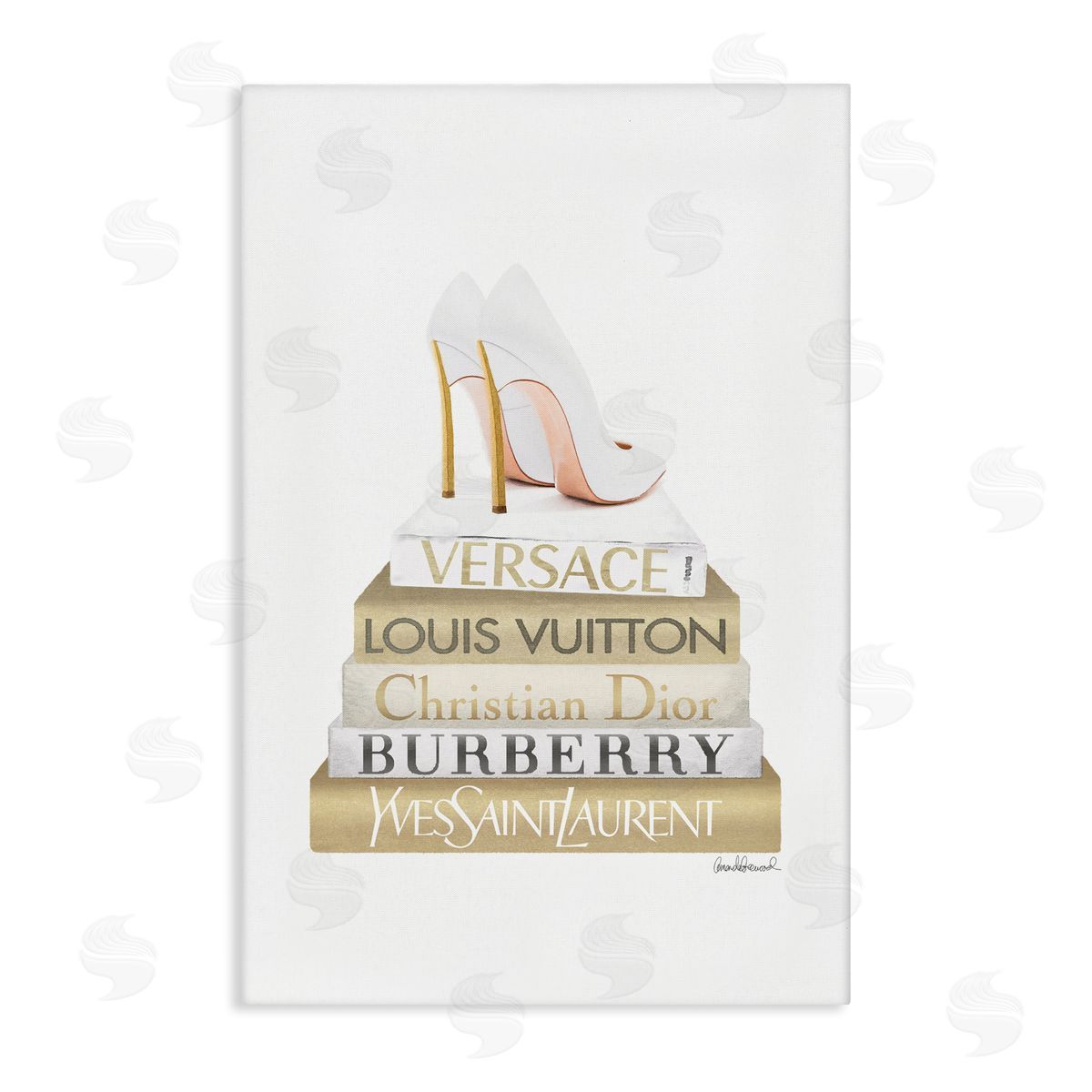 Amanda Greenwood Gold & White Book Stack Canvas Wall Art Print