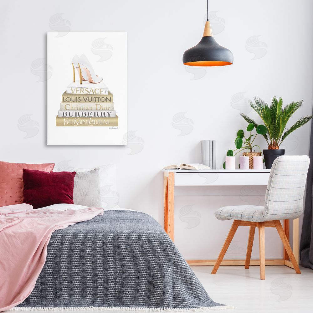 Amanda Greenwood Gold & White Book Stack Canvas Wall Art Print in Room