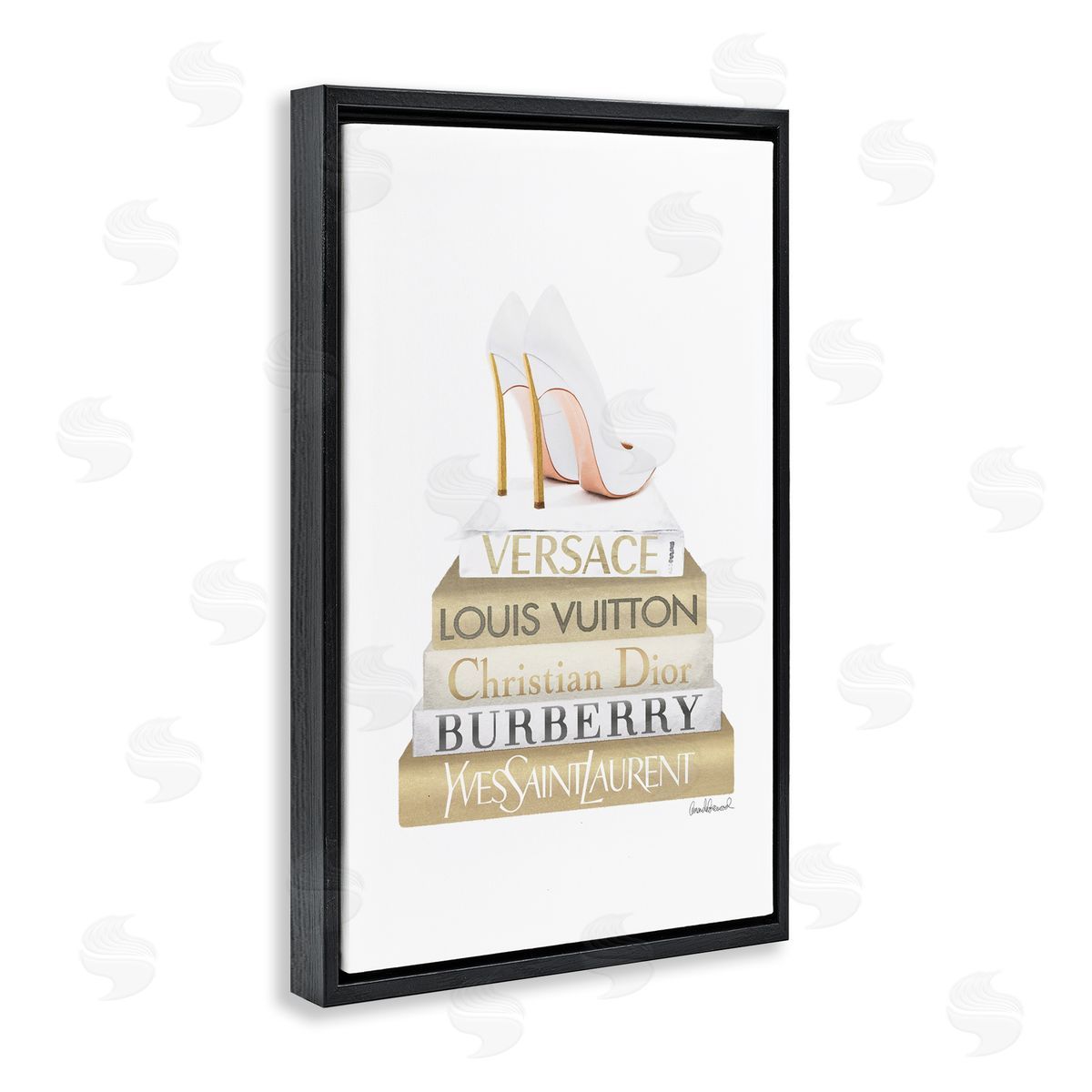Amanda Greenwood Gold & White Book Stack Black Floating Frame Canvas Wall Art Print